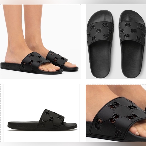 GUCCI BLACK WOMEN’S PURSUIT POOL SIDE SLIDES “GG” CUT OUT LOGO DETAILING - Picture 10 of 16